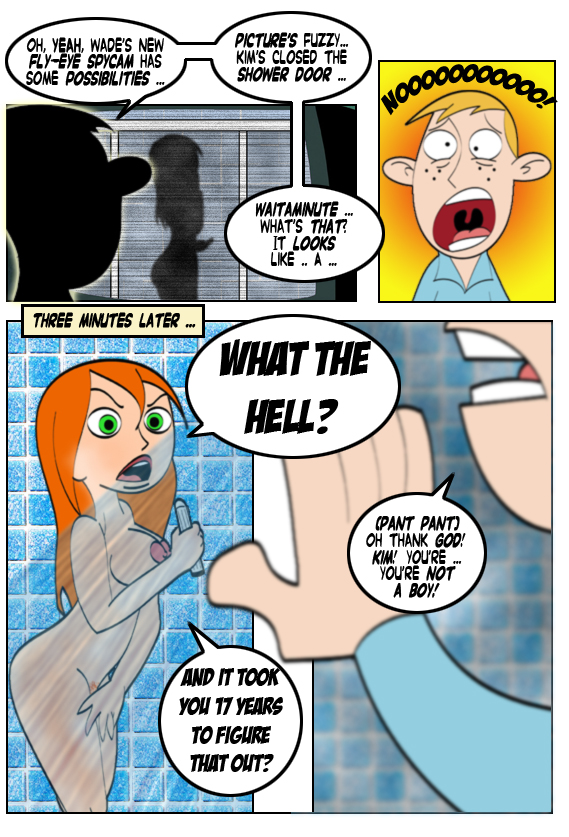 blonde_hair col_kink comic disney kim_possible kimberly_ann_possible long_hair nipple nude orange_hair pubic_hair pussy ron_stoppable short_hair shower surprise washing water wet