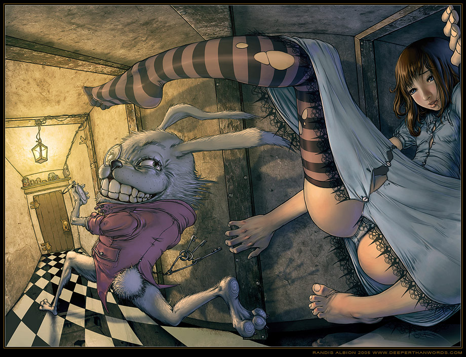 1girl alice_(wonderland) alice_in_wonderland ass barefoot blue_dress blue_eyes blush brown_hair brunette bunny checkered dress feet foreshortening grin hands lace legs monocle panties pantyshot rabbit randis randis_albion single_thighhigh smile solo source_request stockings striped striped_legwear striped_stockings striped_thighhighs thighhighs toes torn_clothes underwear upskirt white_panties white_rabbit white_rabbit_(alice_in_wonderland)