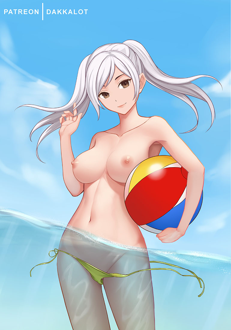 1_girl 1girl areola artist_name ball beachball big_breasts bikini blue_sky breasts brown_eyes closed_mouth cloud dakkalot day female female_only fire_emblem fire_emblem:_awakening holding_beachball looking_at_viewer nintendo nipples outside partially_submerged photoshop_(medium) reflet robin_(fire_emblem)_(female) side-tie_bikini_bottom sky smile solo standing swimsuit tied_hair topless twin_tails untied untied_bikini wardrobe_malfunction water white_hair yellow_bikini yellow_swimsuit