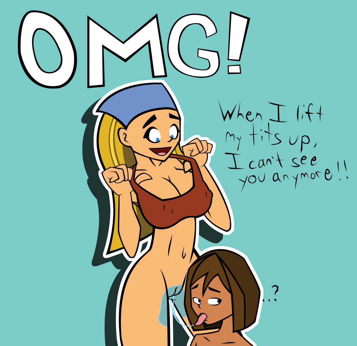 bandanna black_eyes blonde_hair blue_eyes bottomless breasts brown_hair brown_skin cartoon_network courtney_(tdi) cowboy_boots dark-skinned_female dark_skin erect_nipples hairless_pussy hourglass_figure huge_breasts humor kerchief licking light-skinned_female lindsay_(tdi) long_blonde_hair long_hair no_panties oral pussy pussylicking shadez short_hair striped_hair text thick_ass thick_legs thick_thighs total_drama_island two_tone_hair uncensored wasp_waist yuri