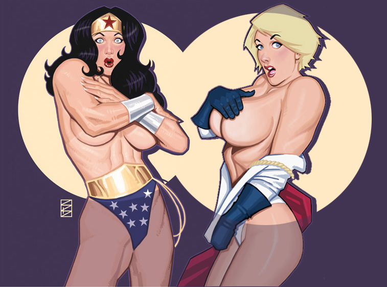 black_hair blond_hair blonde_hair breasts convenient_censoring cover_up dc dc_comics embarrassed embarrassing gloves huge_breasts leotard long_hair muscle open_mouth panties power_girl red_lipstick scott_blair short_hair spotlight surprise surprised topless undressing wonder_woman