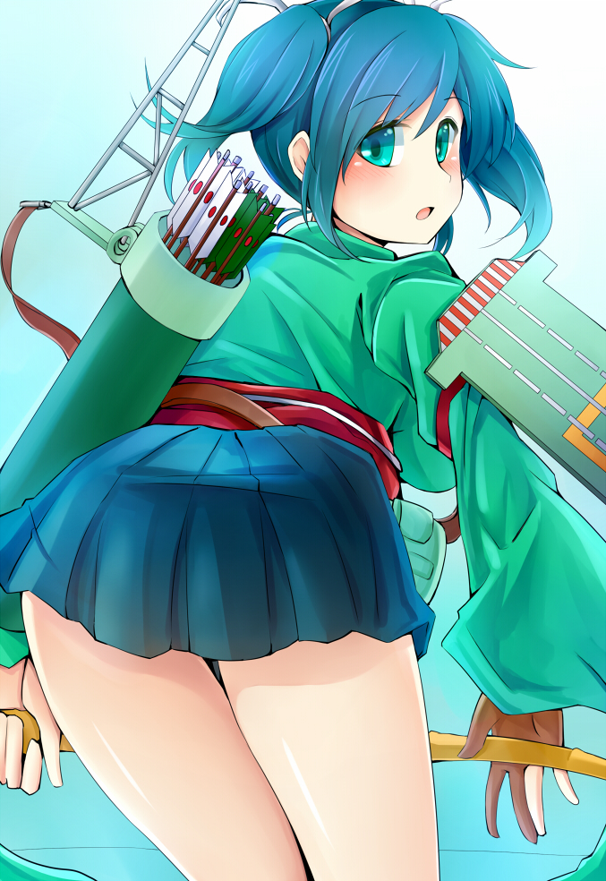 1girl arrow ass blue_hair blush bow_(weapon) breasts female from_behind green_eyes hair_ribbon japanese_clothes kantai_collection looking_at_viewer looking_back open_mouth personification quill ray83222 ribbon rui_shi_(rayze_ray) short_hair solo souryuu_(kantai_collection) thighs twintails weapon yugake