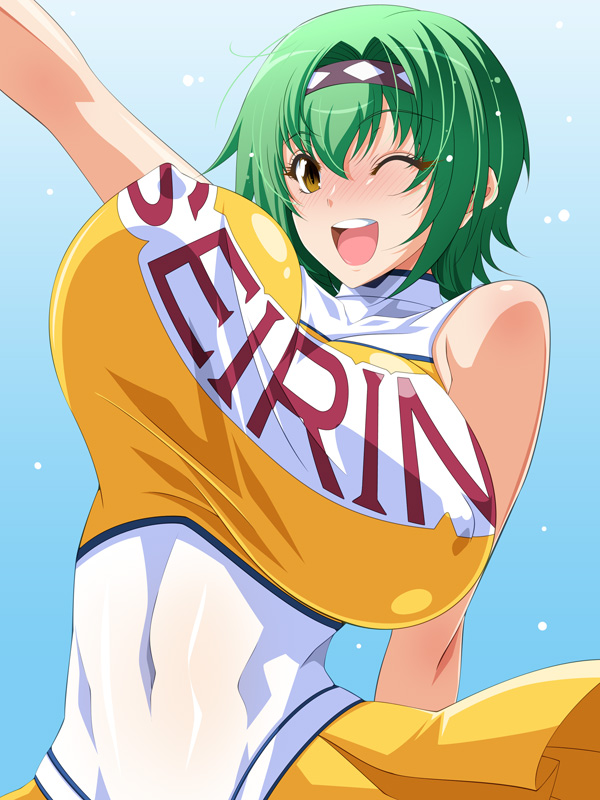 1girl aiba_matsuri aoi_nagisa_(artist) arm_raised big_breasts blush bouncing_breasts breasts brown_eyes erect_nipples female green_hair huge_breasts navel nipples nipples_through_clothes one_eye_closed open_mouth oppai_heart smile solo wink yellow_clothes yellow_shirt
