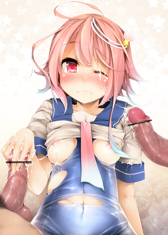 1girl ahoge blush breasts bukkake censored cum cum_on_body cum_on_breasts cum_on_upper_body facial female flower hair_flower hair_ornament handjob i-58_(kantai_collection) kantai_collection looking_at_viewer multiple_penises nipples one_eye_closed penis personification pink_hair red_eyes school_swimsuit school_uniform serafuku serizawa_mutsuki shirt_lift short_hair solo_focus swimsuit swimsuit_under_clothes tears testicles torn_clothes torn_swimsuit wink