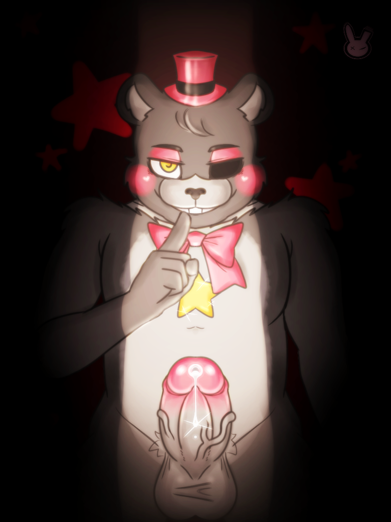 animatronic anthro bear big_penis bow_tie bowtie closet five_nights_at_freddy's five_nights_at_freddy's:_pizzeria_simulator fluffy freddy_(fnaf) furry grin hornybunnyxxxx humanoid_penis lefty_(fnaf) looking_at_viewer male male_only multicolored_body precum precum_drip red_bowtie simple_background solo thick_penis thick_thighs top_hat veiny_penis yaoi yellow_eyes