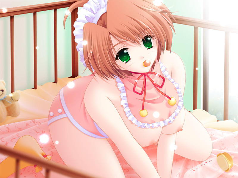 1girl adult_baby adultbaby aishite_nightingale baby_bottle bear bed bib binky bottle breasts crib cute diaper female game_cg green_eyes hanging_breasts hips kirino_mai large_breasts light_novel looking_at_viewer pacifier red_hair solo stuffed_animal teddy_bear wide_hips