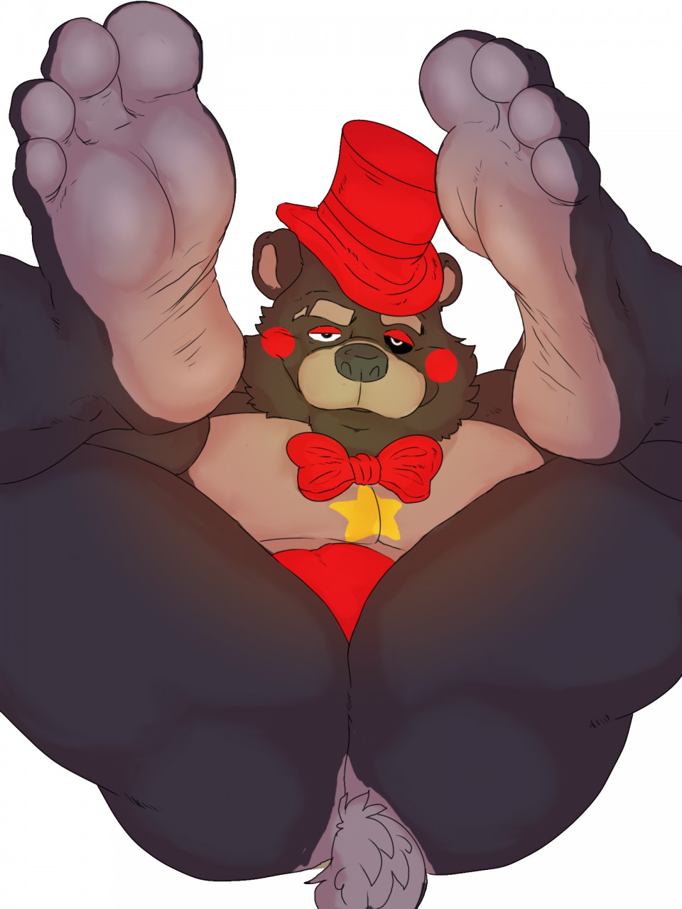 animatronic anthro ass balls barazoku barefoot black_body black_eyes black_nose bonicfan123 bow_tie bowtie bulge close-up clothing feet five_nights_at_freddy's five_nights_at_freddy's:_pizzeria_simulator freddy_(fnaf) fur furry gay half-closed_eyes hat headgear headwear lefty_(fnaf) looking_at_viewer lying machine male male_only mammal muscle muscular muscular_male nude on_back pecs presenting presenting_hindquarters raised_leg red_bowtie red_hat red_underwear robot simple_background smile solo solo_male thick_thighs top_hat underwear ursid video_games white_eyes yaoi