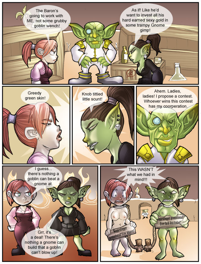 activision blizzard_entertainment blue_eyes breasts brown_hair comic embarrassing gnome gnome_(world_of_warcraft) goblin goblin_(warcraft) green_skin hairless_pussy kelsey_steelspark marin_noggenfogger megs_dreadshredder nude ponytail prostitution pussy red_hair shia_(artist) speech_bubble text world_of_warcraft