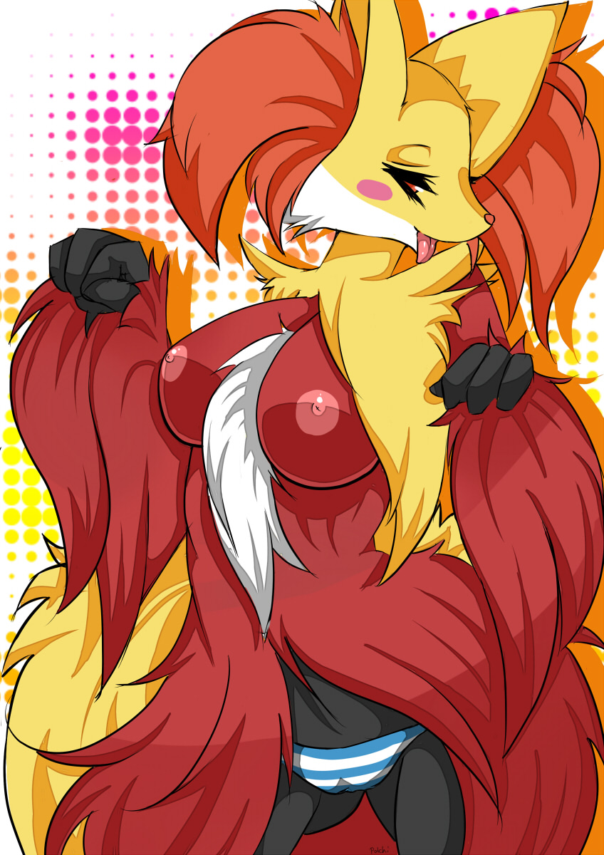 5_fingers anthro blush breasts canine clothed clothing delphox eyelashes female fennec fox fur half-dressed happy high_res nintendo nipples open_mouth orange_background orange_eyes orange_fur orange_nose pink_background plain_background pokemon potchi raised_arm red_fur shadow shiny smile solo standing tongue tongue_out underwear video_games white_background yellow_background yellow_fur