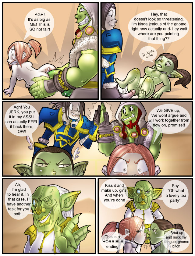 ass ass_grab bent_over blue_eyes breasts brown_hair comic cum_inside embarrassing erection gnome goblin green_skin hairless_pussy kissing nude orc penis ponytail pussy red_hair shia_(artist) speech_bubble text thrall varian_wrynn world_of_warcraft
