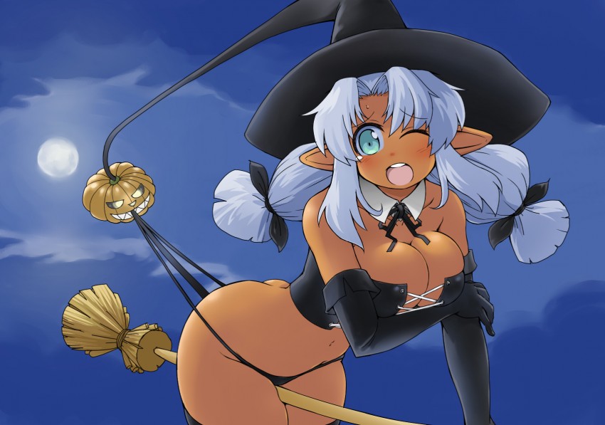 1girl bare_shoulders blue_eyes blue_hair blush breasts broom broom_riding bustier cleavage corset dark_skin elbow_gloves embarrassing gloves halloween hat high_res highres jack-o'-lantern lingerie naitou-kouse naitou_kouse open_mouth original pointy_ears pumpkin solo twin_tails twintails underwear wedgie wink witch_hat