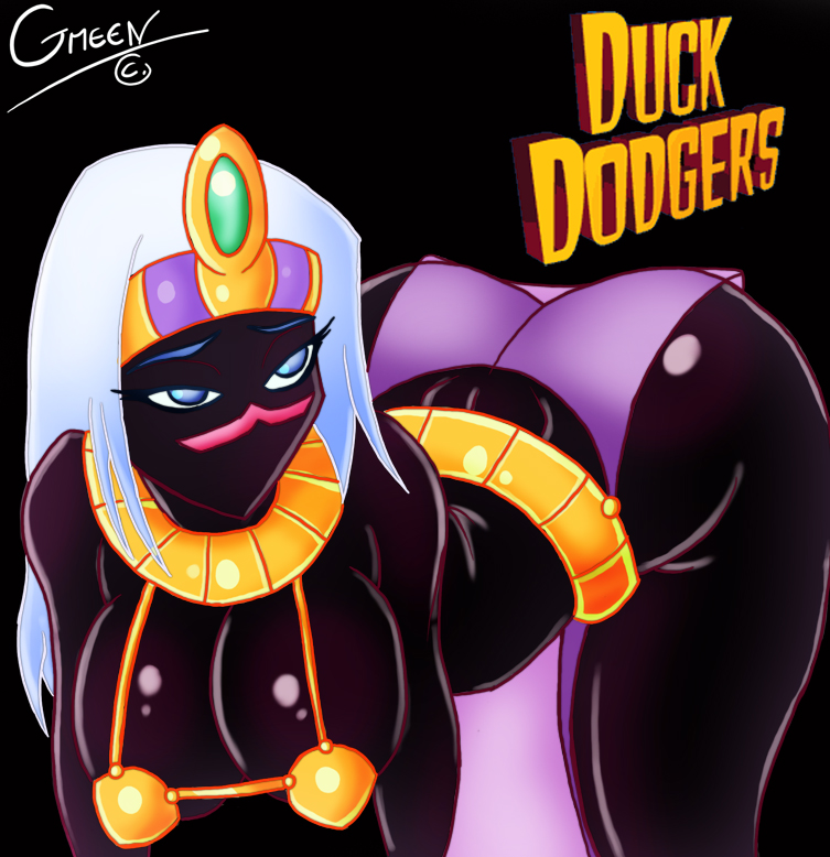 alien ass bent_over big_ass big_breasts black_skin blue_eyes breasts cleavage duck_dodgers gmeen huge_ass loincloth long_hair queen_tyr'ahnee shiny_skin white_hair