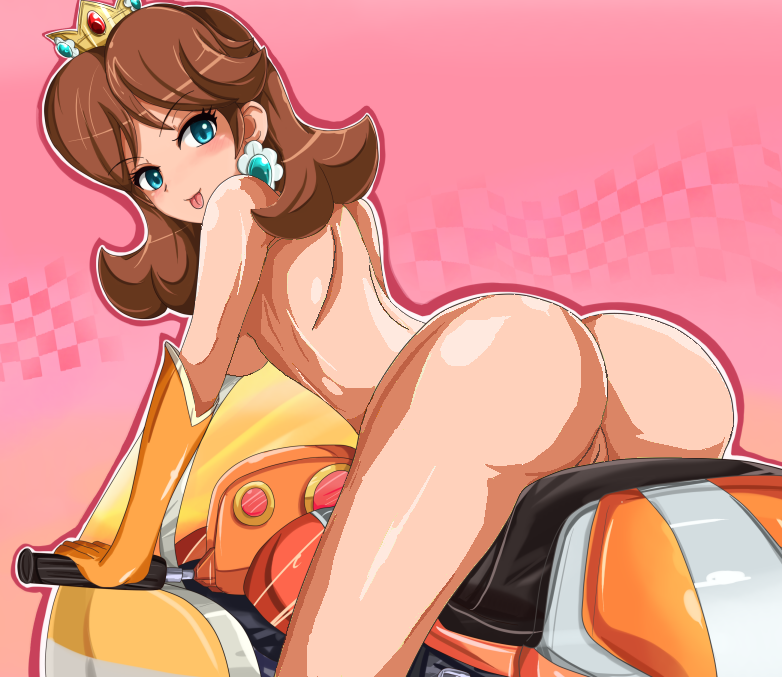 1girl :p aqua_eyes arm art ass babe back bare_back bare_legs bare_shoulders bent_over bike blush breasts brown_hair checkered crown earrings elbow_gloves female female_only gloves hair jewelry legs long_hair looking_at_viewer looking_back mario_(series) motorcycle naughty_face nintendo nude orange_gloves pink_background princess_daisy pussy shiny shiny_hair shiny_skin sideboob sigurd_hosenfeld sigurdhosenfeld sitting smile solo super_mario_bros. tongue uncensored vehicle