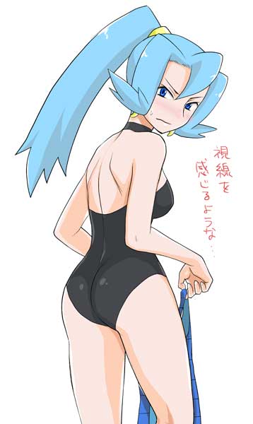 1girl alluring ass black_swimsuit blue_eyes blue_hair blush clair earrings embarrassed gym_leader high_ponytail ibuki_(pokemon) jewelry long_hair mo-mo one-piece_swimsuit pokemon pokemon_(game) pokemon_hgss ponytail skin_tight solo solo_female swimsuit translated tsundere