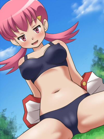 1girl :d akane_(pokemon) arm arms art awa babe bare_arms bare_legs big_breasts black_bra black_panties blush bra breasts cameltoe dutch_angle erect_nipples gym_leader hair_ornament legs lingerie looking_at_viewer low_twintails midriff naughty_face navel nintendo off_shoulder open_clothes open_mouth outside panties pink_eyes pink_hair pokemon pokemon_(anime) pokemon_(game) pokemon_gsc pokemon_hgss short_hair sky smile spread_legs underwear undressing whitney