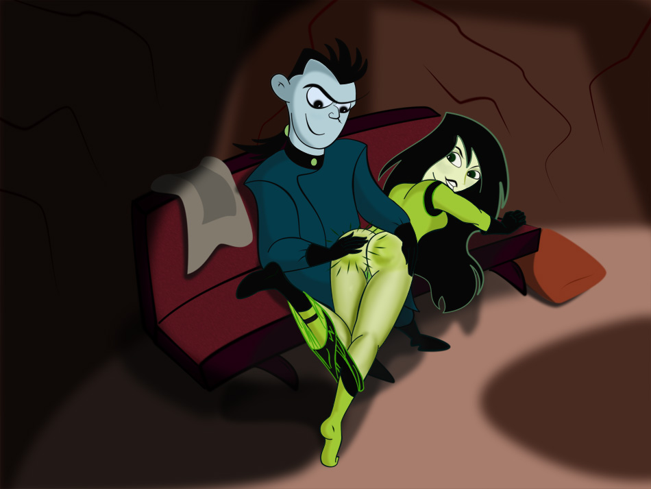 ass bent_over black_hair blue_eyes blue_skin bottomless disney dr._drakken green_eyes green_skin kim_possible long_hair looking_back looking_down no_panties over_the_knee pants_down ponytail pussy shego smile spanking yumibow