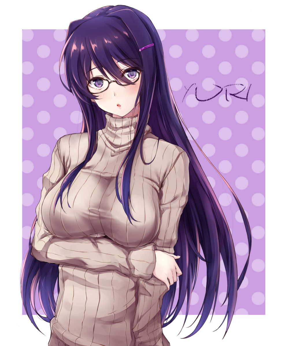 1girl arm_at_side arm_under_breasts bangs bespectacled blush breasts doki_doki_literature_club glasses hair_between_eyes hair_ornament hairclip large_breasts long_hair long_sleeves looking_at_viewer open_mouth polka_dot polka_dot_background purple_eyes purple_hair ribbed_sweater semi-rimless_glasses sidelocks sweater turtleneck under-rim_glasses very_long_hair yuri_(doki_doki_literature_club)
