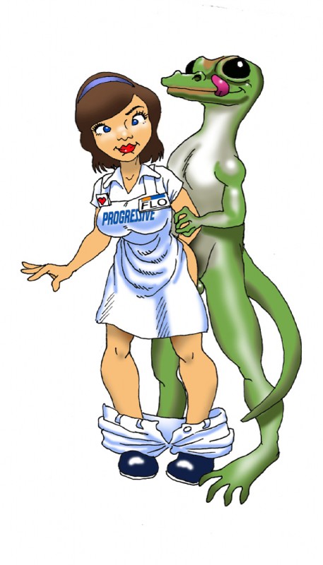 animal anthro apron ass bottomless breasts brown_hair commercial crossover dennis_clark derp female flo_(progressive_insurance) from_behind furry gecko geico hetero human interspecies lipstick lizard male mascot pants pants_down penis_in_ass progressive_auto_insurance scalie sex simple_background what white_background