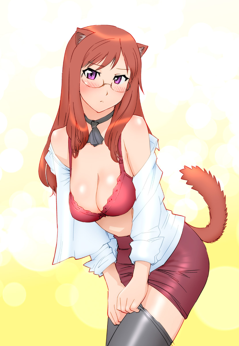 1girl amelita_tremper amelita_trompette animal_ears big_breasts blush bra breasts brown_hair brunette cleavage dog_days dog_ears dog_tail embarrassed glasses grey_legwear highres large_breasts lingerie long_hair open_clothes open_shirt pantyhose pantyhose_pull purple_eyes shirt skirt solo stockings tail thighhighs ueyama_michirou underwear