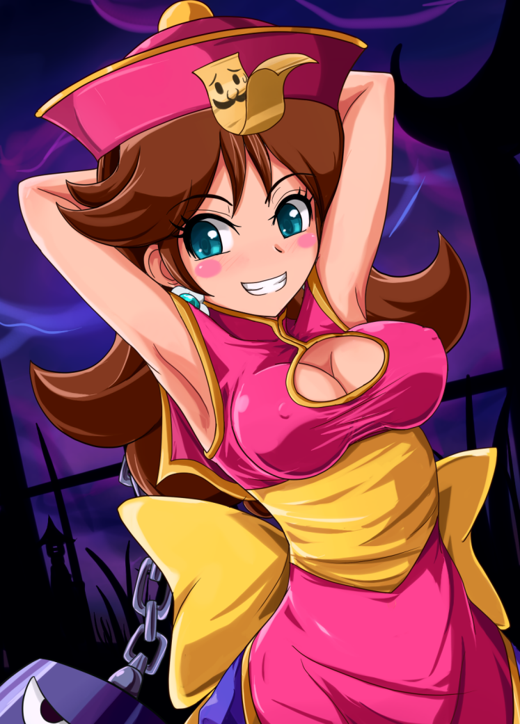 1girl armpits arms_behind_head arms_up big_breasts blue_eyes blush blush_stickers breasts brown_hair chain chinese_clothes chinese_dress cleavage cleavage_cutout cosplay earrings female female_only grin hair happy hat headgear jewelry lei-lei lei_lei lei_lei_(cosplay) long_hair looking_at_viewer luigi naughty_face night night_sky nintendo ofuda princess_daisy sigurd_hosenfeld sigurdhosenfeld sky smile solo super_mario_bros. super_mario_land vampire_(game)