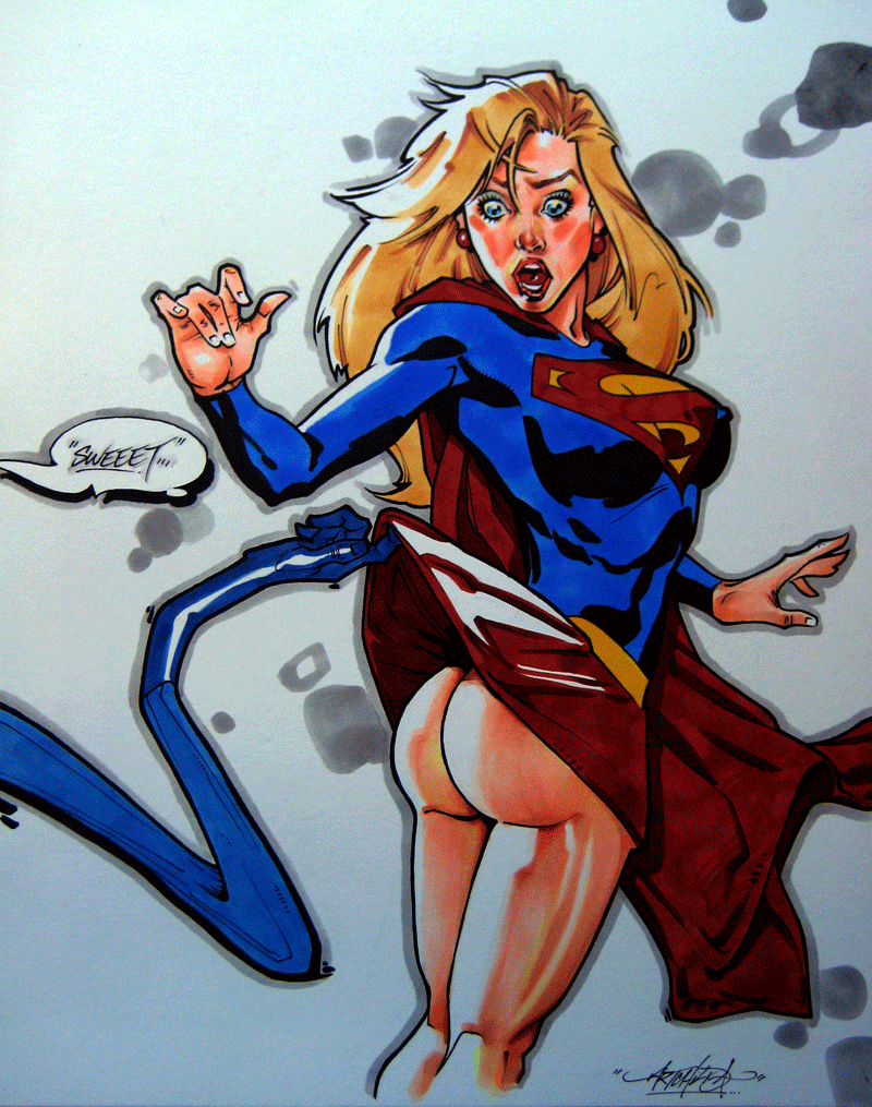 armpit artchild ass blonde_hair blue_eyes breasts crossover dc earring embarrassing fantastic_four hair lipstick long_hair looking_back marvel mister_fantastic nipples no_panties reed_richards skirt_lift supergirl surprise