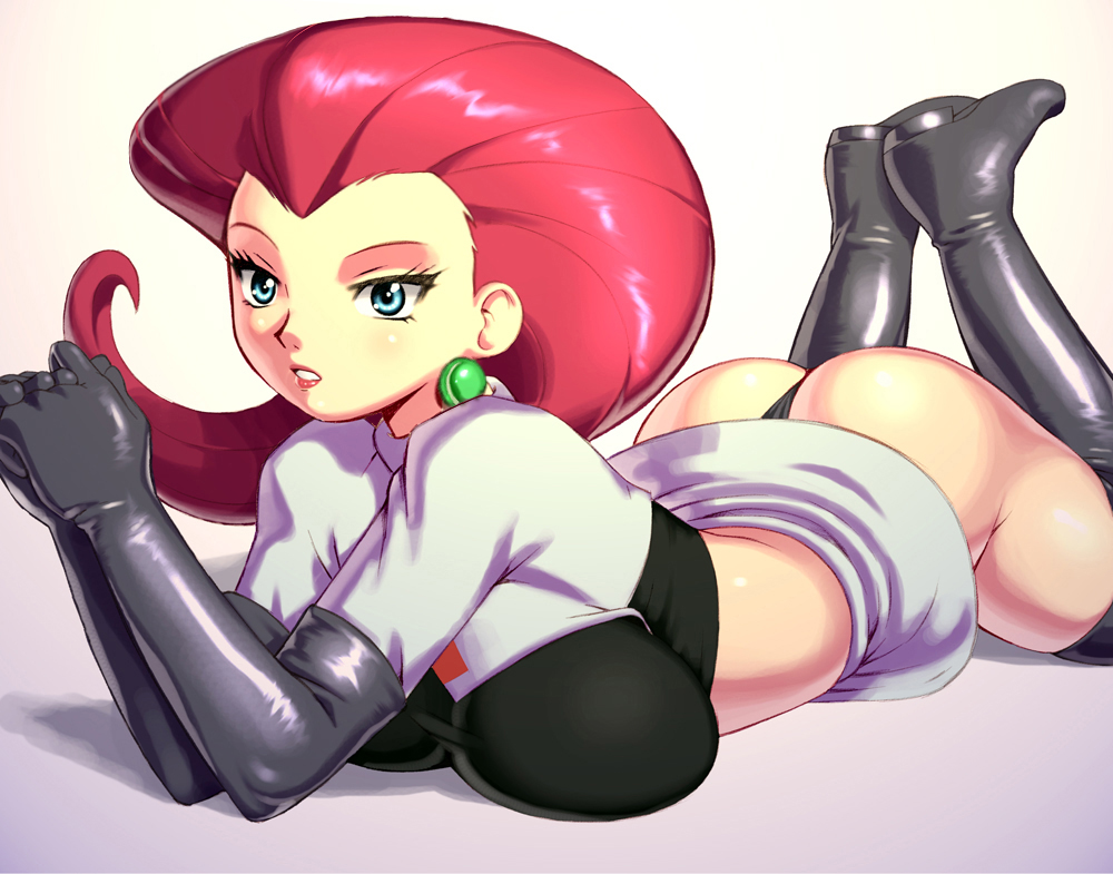 1girl apostle_(artist) art ass babe big_ass big_breasts black_boots black_gloves black_panties blue_eyes boots breast_press breasts earrings elbow_gloves eyebrows eyelashes game_freak gloves hands_clasped huge_ass huge_breasts humans_of_pokemon jessie_(pokemon) jewelry legs legs_up lips lipstick long_hair looking_at_viewer lying midriff miniskirt musashi_(pokemon) nintendo no_bangs on_stomach panties pantyshot parted_lips pokemon pokemon_(anime) pokemon_(game) purple_hair red_hair redhead shirt skirt solo stockings strapless taut_clothes taut_shirt team_rocket thigh_boots thong tubetop underwear upskirt