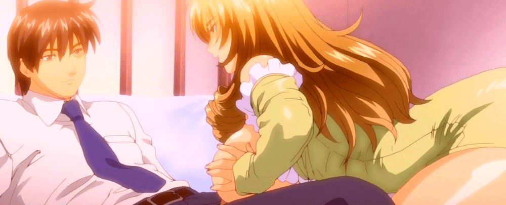 1boy 1girl animated animated_gif ass bed big_breasts breasts clothed_sex date erect_penis eyebrows gif hair hetero horny jokei_kazoku large_breasts long_hair love necktie paizuri pants penis shirt stitched tie uncensored