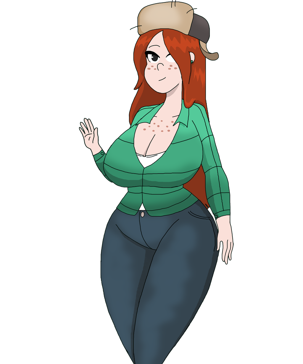 1girl breasts cleavage denim earrings freckles gravity_falls green_shirt hair_over_one_eye hat huge_breasts jeans light-skinned_female light_skin long_hair long_sleeves looking_at_viewer red_hair smile thick_thighs thighs transparent_background wendy_corduroy wide_hips