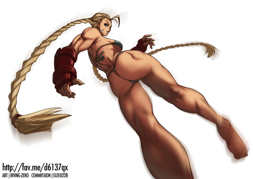 1girl ahoge antenna_hair ass back barefoot bikini blonde_hair blue_eyes braid breasts cammy_white capcom fingerless_gloves gloves highres irving-zero kicking long_hair medium_breasts motion_blur muscle muscular_female panties scar simple_background solo street_fighter swimsuit thick_thighs thighs thong thong_bikini toned twin_braids underboob underwear white_background