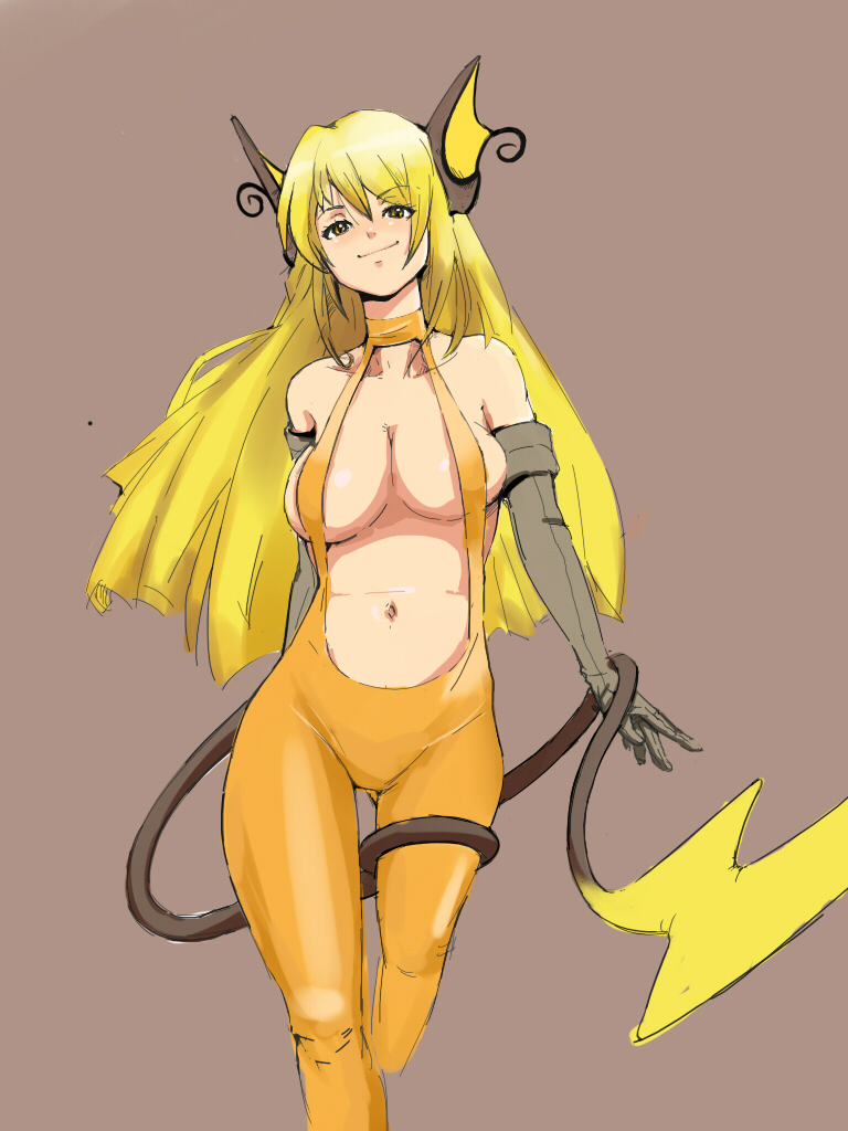 1girl animal_ears anthro anthrofied bad_id big_breasts blonde_hair breasts brown_eyes center_opening cleavage creatures_(company) elbow_gloves electric_type_pokemon game_freak gen_1_pokemon gloves large_breasts long_hair mouse nintendo pokemon pokemon_(anime) pokemon_(creature) pokemon_(game) pokemon_(species) pokemon_red_green_blue_&amp;_yellow pokemon_rgby porkyman raichu sketch smirk solo suspenders tail xinjing yellow_fur