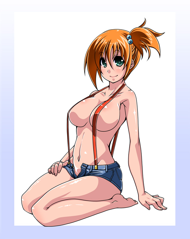 1girl arm_support armpits barefoot belly big_breasts breasts censored convenient_censoring curvy dengeki!_pikachu denim denim_shorts feet full_body green_eyes gym_leader hair hair_between_eyes hair_bobbles hair_ornament happy huge_breasts humans_of_pokemon kasumi_(pokemon) midriff misty misty_(pokemon) naked_suspenders navel nintendo no_bra no_panties open_clothes open_fly open_shorts orange_hair pokemon pokemon_character ponytail revealing_clothes satsuki_imonet seiza shoes short_hair short_shorts shorts side_ponytail simple_background sitting smile solo suspenders toes topless unbuttoned unzipped white_background