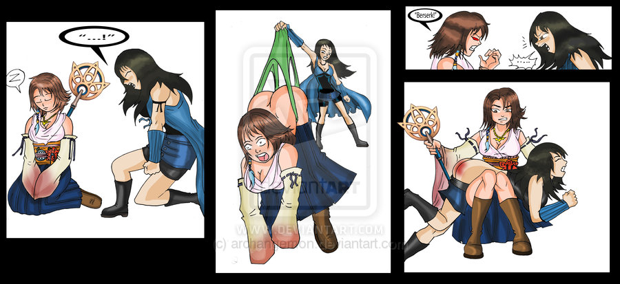 angry archangemon ass bent_over black_hair brown_hair comic final_fantasy from_behind green_panties hanging long_hair necklace panties red_ass short_hair spank spanking surprise underwear weapon wedgie yuna