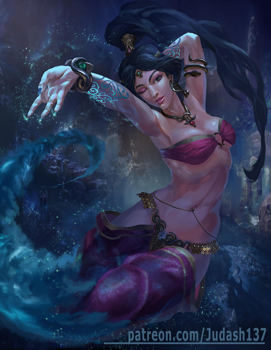 1girl aladdin_(series) arms_up bare_arms bare_shoulders bikini_top black_hair bracelet breasts cleavage collar curly_hair dark_skin disney earrings fantasy green_eyes harem_pants jewelry judash137 long_hair looking_at_viewer midriff navel necklace one_eye_closed open_mouth pants parted_lips ponytail princess_jasmine see-through smile tiara very_long_hair