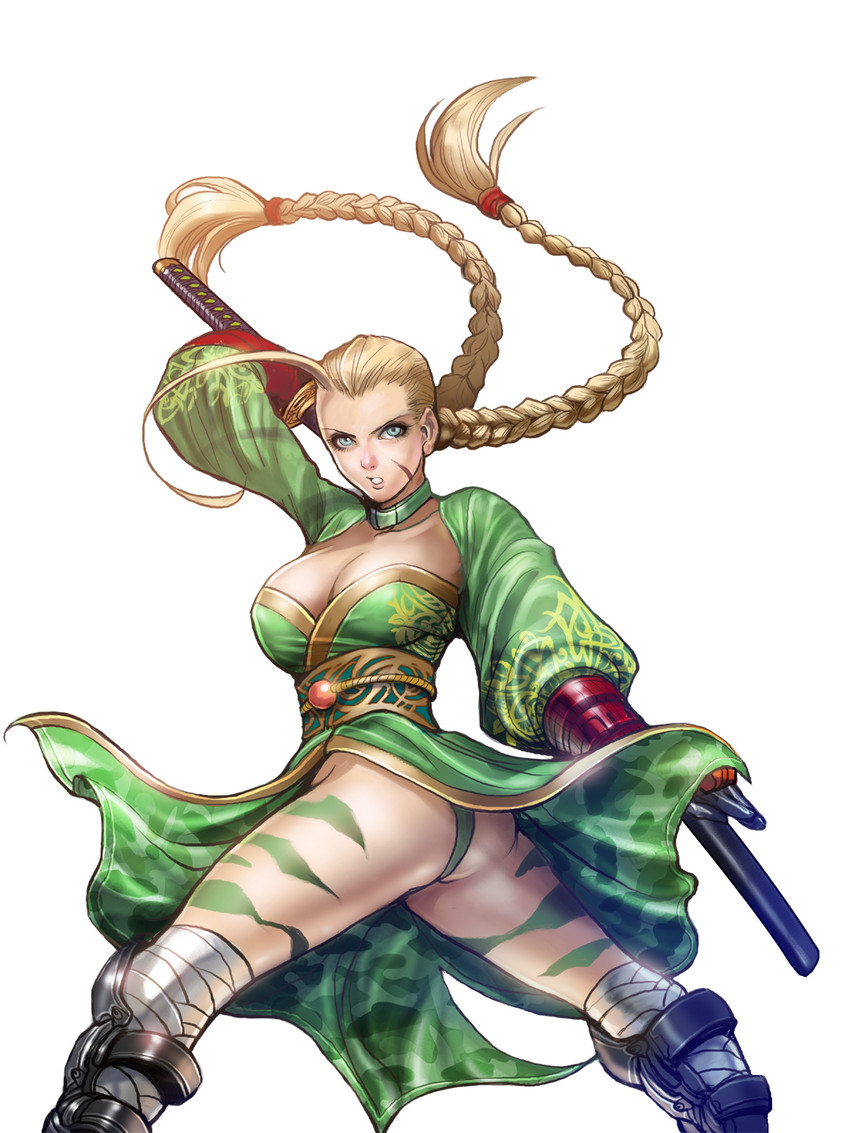1girl ahoge alternate_costume antenna_hair armor ass bad_anatomy bandage blonde_hair blue_eyes bodypaint braid breasts cammy_white camouflage capcom chinese_clothes choker cleavage company_connection eyeshadow fundoshi greaves highres huge_ahoge japanese_clothes kimono large_breasts legs long_hair makeup no_hat no_headwear nodachi obi official_art onimusha_soul ootachi over_shoulder sash scar sheath sheathed simple_background solo street_fighter sword sword_over_shoulder takeda_sana thighs twin_braids twisted_torso weapon weapon_over_shoulder white_background