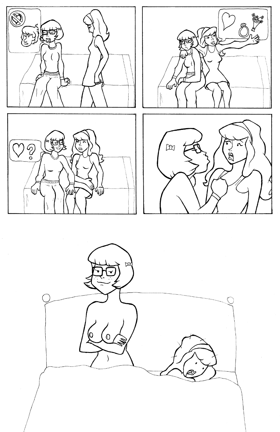 ? angry bed bow breasts comic daphne_blake flower freckles funny glasses hair hairband heart jewelry long_hair monochrome mystery_inc nightgown nipples nude ring scooby-doo short_hair smile surprise velma_dinkley
