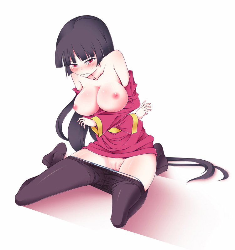 1girl black_hair blush breasts embarrassed erect_nipples error gym_leader gyo hairless_pussy huge_breasts humiliation large_breasts long_hair natsume_(pokemon) nintendo nipples panties panty_pull pantyhose pantyhose_pull pokemon pokemon_(game) pokemon_rgby pussy red_eyes sabrina solo spread_legs sweat tears thong topless uncensored underwear