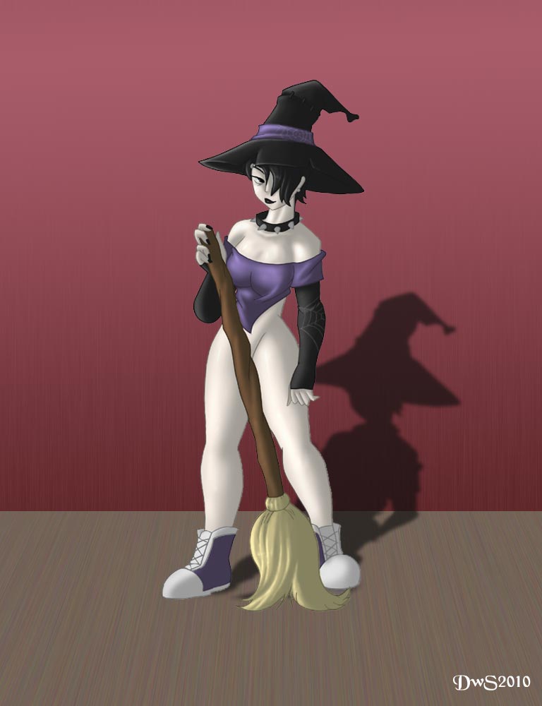 1girl 2010 bottomless_female broom carrie_roseburg cleavage dreamweaver dreamweaver_studios dws female_only goth gothic monster_madness solo_female witch_hat