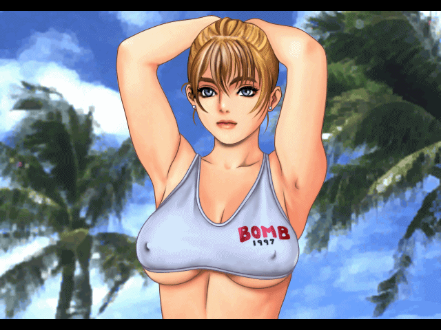 1girl :d animated animated_gif aprel_o'gin armpit armpits arms_behind_head arms_up bangs big_breasts blonde_hair blue_eyes bounce bouncing_breasts breasts bust cleavage clothes_writing clothing_writing cloud crop_top english erect_nipples face game_cg gif gif_artifacts grin hair_between_eyes hot_gimmick large_breasts letterboxed lips lipstick looking_at_viewer makeup midriff naughty_face nipples no_bra open_mouth oppai outdoor outdoors outside photo_background pose public_nudity shirt_lift short_hair sky smile solo taisen_hot_gimmick tank_top tsukasa_jun underboob undressing upper_body