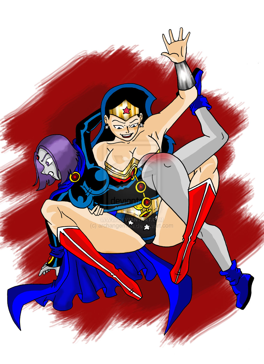 2_girls archangemon ass black_hair blue_eyes boots bracelet breasts cleavage dc_comics earring female_only grey_skin hairband justice_league lipstick long_hair over_the_knee purple_eyes purple_hair raven_(dc) red_ass red_lipstick short_hair smile spank spanking teen_titans wonder_woman