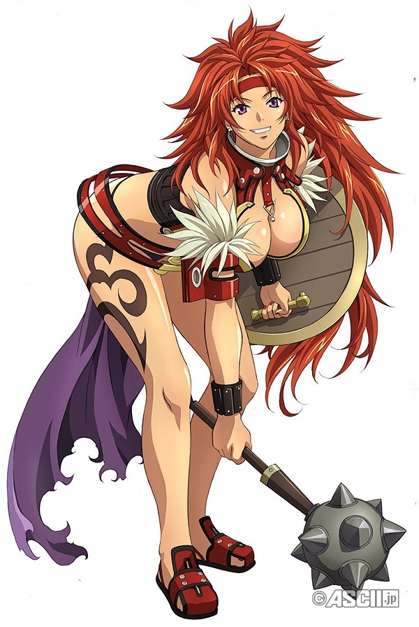 1girl bent_over big_breasts breasts cleavage cute female headband large_breasts listy long_hair mace nail_polish oppai perfection purple_eyes queen's_blade queen's_blade red_hair red_nails redhead risty shield shoes smile solo violet_eyes weapon