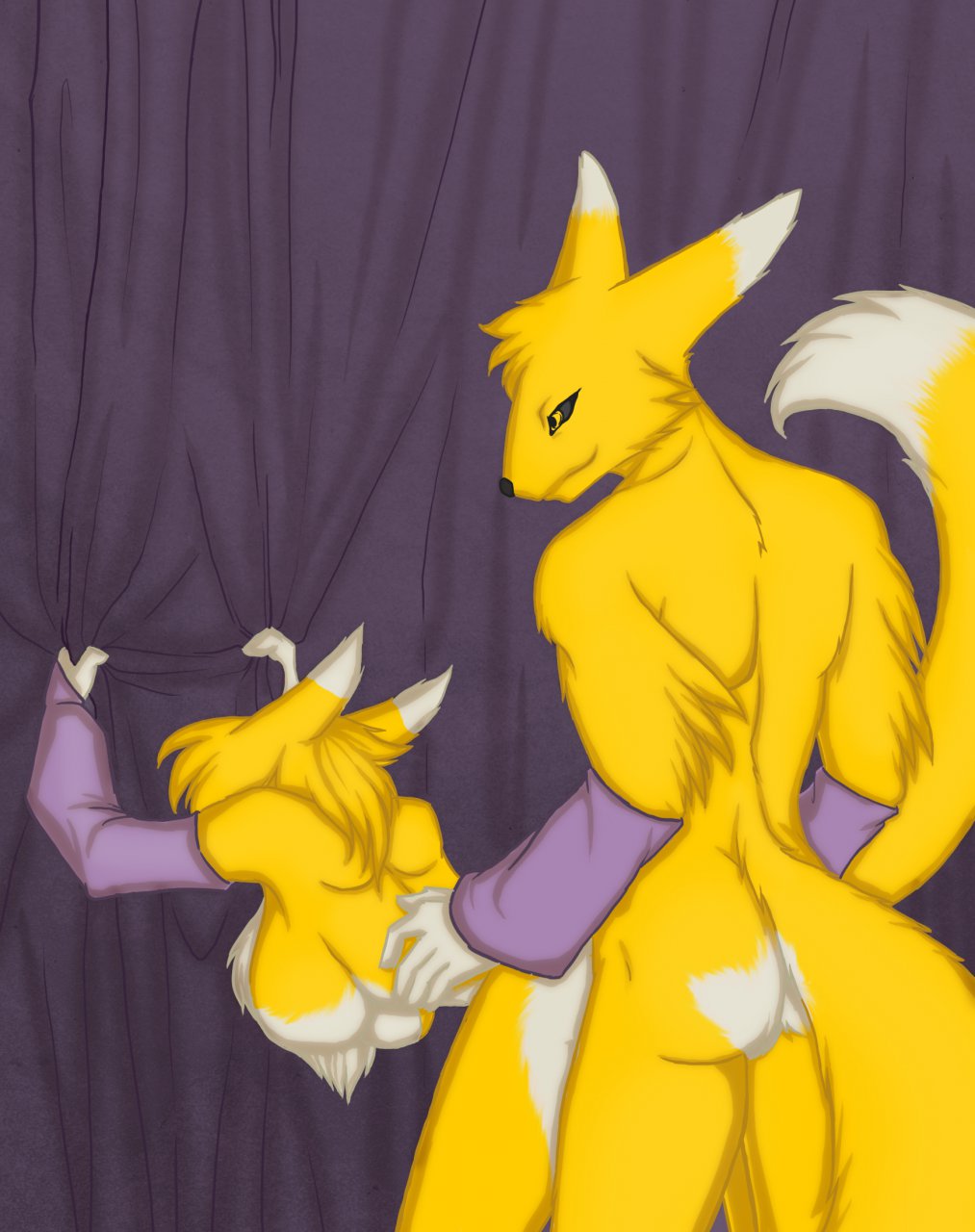 1_female 1_male 1boy 1girl 2_anthros against_wall anthro anthro/anthro anthro_canine anthro_fox bent_over big_breasts breasts canine detached_sleeves digimon doggy_position duo female female_anthro female_anthro/male_anthro female_anthro_fox female_renamon fox from_behind fur furry hair indoor male male/female male_anthro male_anthro_fox male_renamon mostly_nude raised_tail renamon sex smile standing tail toei_animation vixen white_fur yellow_eyes yellow_fur