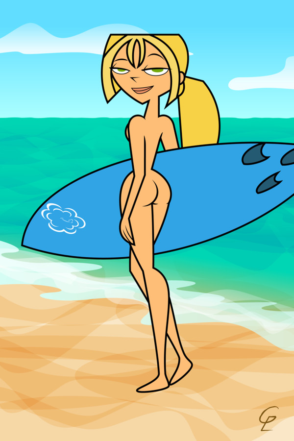 ass beach big_breasts blonde_hair breasts bridgette_(tdi) cartoon_network gemlord green_eyes hourglass_figure light-skinned_female long_blonde_hair long_hair nude ponytail small_breasts surfer_girl thick_ass thick_legs thick_thighs total_drama_island