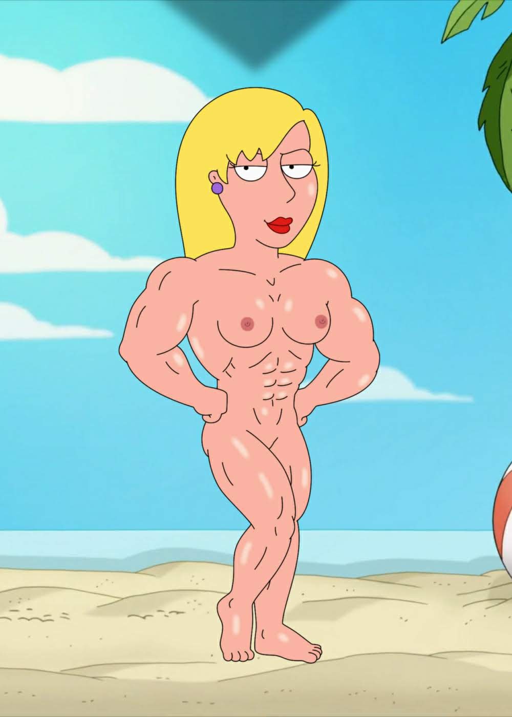 1girl areola beach beachball blonde_hair breasts connie_d'amico earrings family_guy frost969 hand_on_hip hands_on_hips human jewelry long_hair mammal midriff muscular muscular_female navel nipples nude pose sexy smile solo_female teen