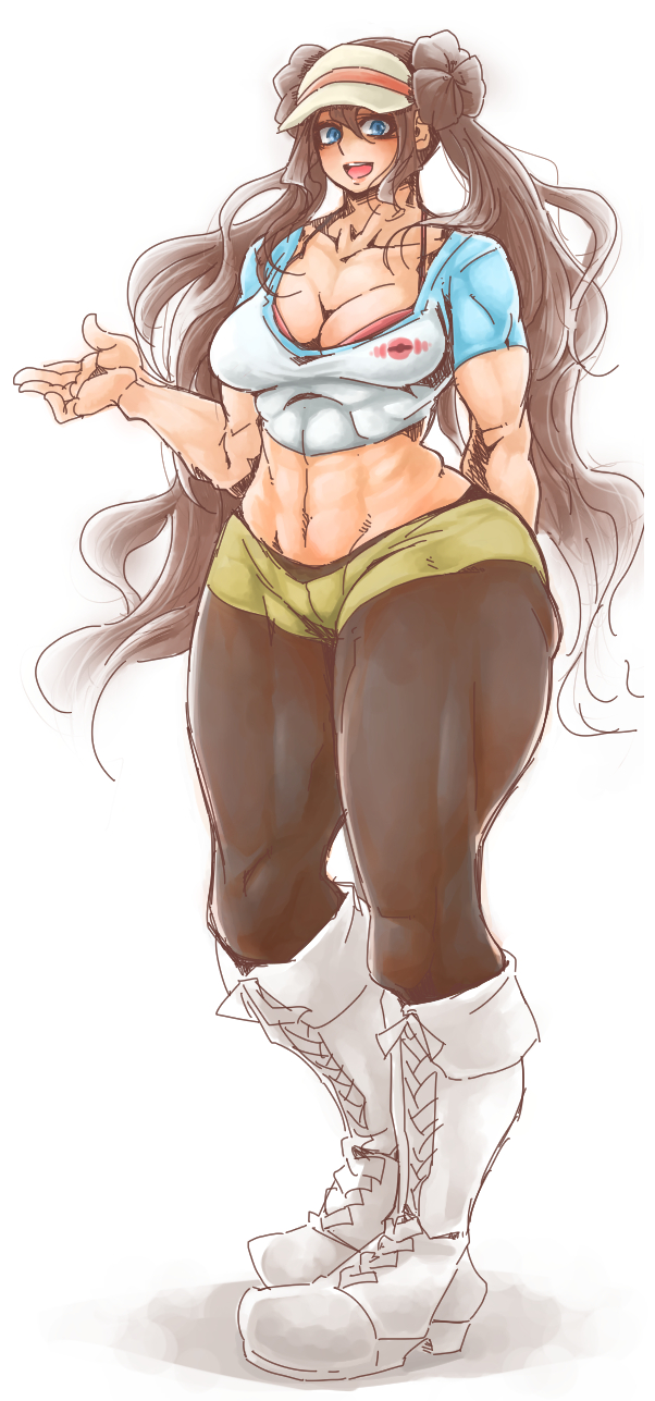 1girl abs bags_under_eyes blue_eyes boots breasts brown_hair crazy_eyes crop_top double_bun mei_(pokemon) midriff muscle pantyhose pokemon pokemon_(game) pokemon_bw2 short_shorts shorts thick_thighs thighs tobatoinu twin_tails twintails visor wide_hips