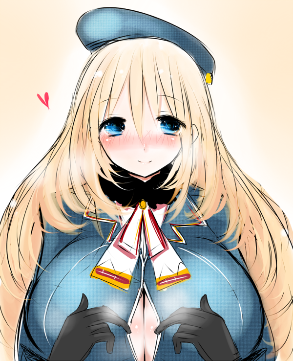 1girl atago_(kantai_collection) black_gloves blonde_hair blue_eyes blush breasts female gloves han_(jackpot) hat heart huge_breasts kantai_collection military_jacket personification smile solo