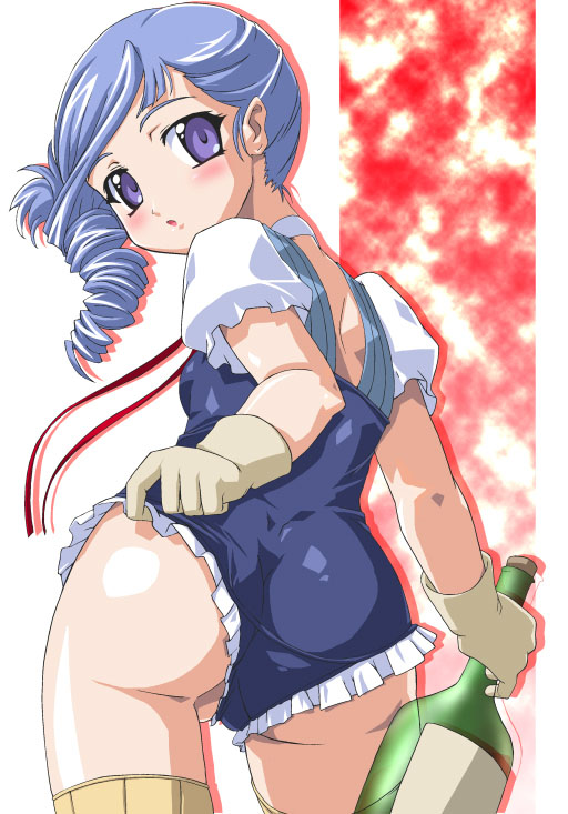 1girl alcohol ass blue_hair blush bottle drill_hair flat_chest frills from_behind gloves hentai kaen_miso kiddy_grade lavender_hair looking_back lumiere misoya purple_eyes purple_hair solo thighhighs wine