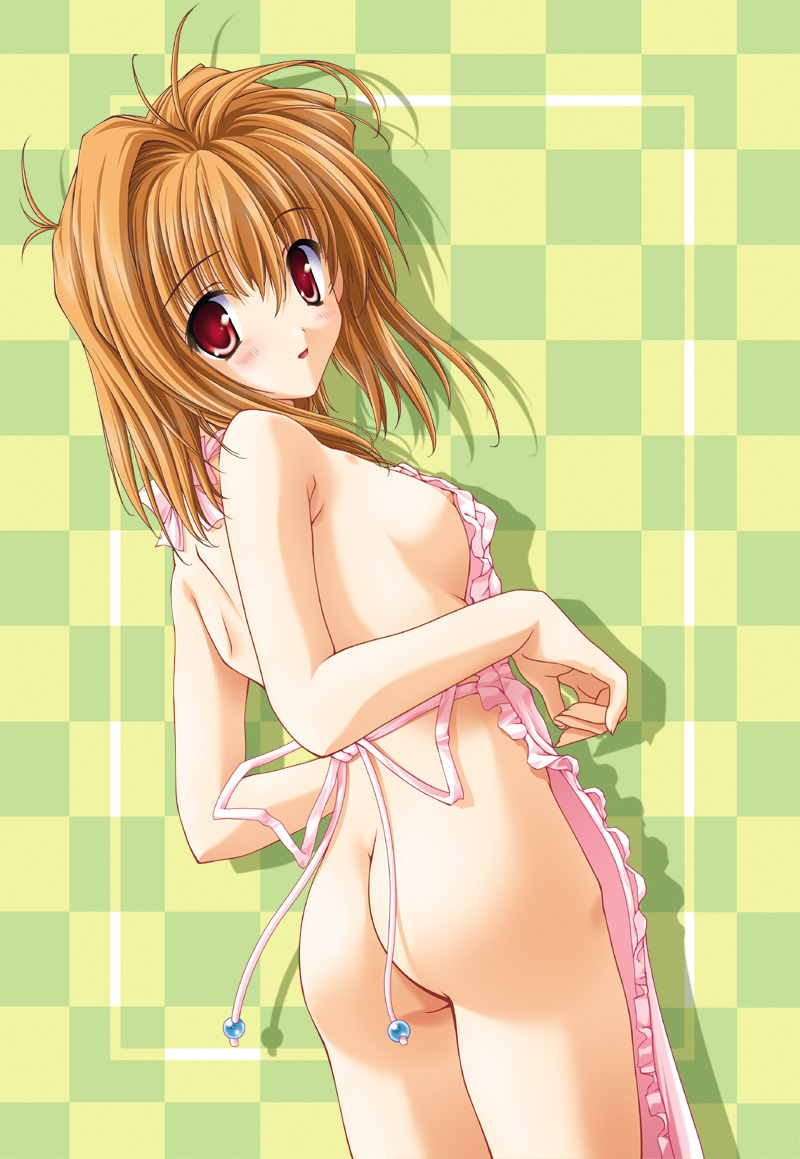 1girl amane_sou apron ass blush breasts brown_hair checkered checkered_background hentai kawai_rie looking_back lovers_(game) naked_apron nude official_art phonecard red_eyes short_hair solo