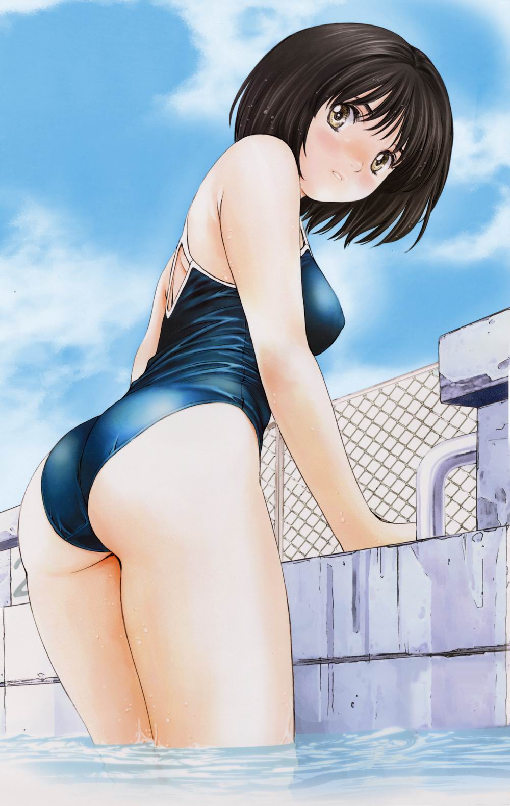 1girl ass breasts chain-link_fence clothing competition_school_swimsuit competition_swimsuit day female fence from_behind high_resolution kobayashi_hiyoko looking_at_viewer looking_back medium_breasts official_art oku-sama_wa_joshi_kousei one-piece_swimsuit onohara_asami outdoors partially_submerged pool poolside solo standing starting_block sukumizu swimsuit tank_suit very_high_resolution viewed_from_below wading water wet