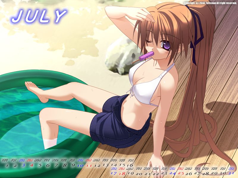 1girl 2004 arm_support barefoot bikini bikini_top blonde_hair breasts brown_hair butt_crack calendar character_request cleavage feet feet_in_water female front-tie_top hair_ribbon hentai july long_hair mouth_hold ninozen open_fly orange_hair outdoors ponytail pool popsicle purple_eyes ribbon shading_eyes sitting soaking_feet solo source_request sweat swimsuit unzipped very_long_hair wading_pool water wink