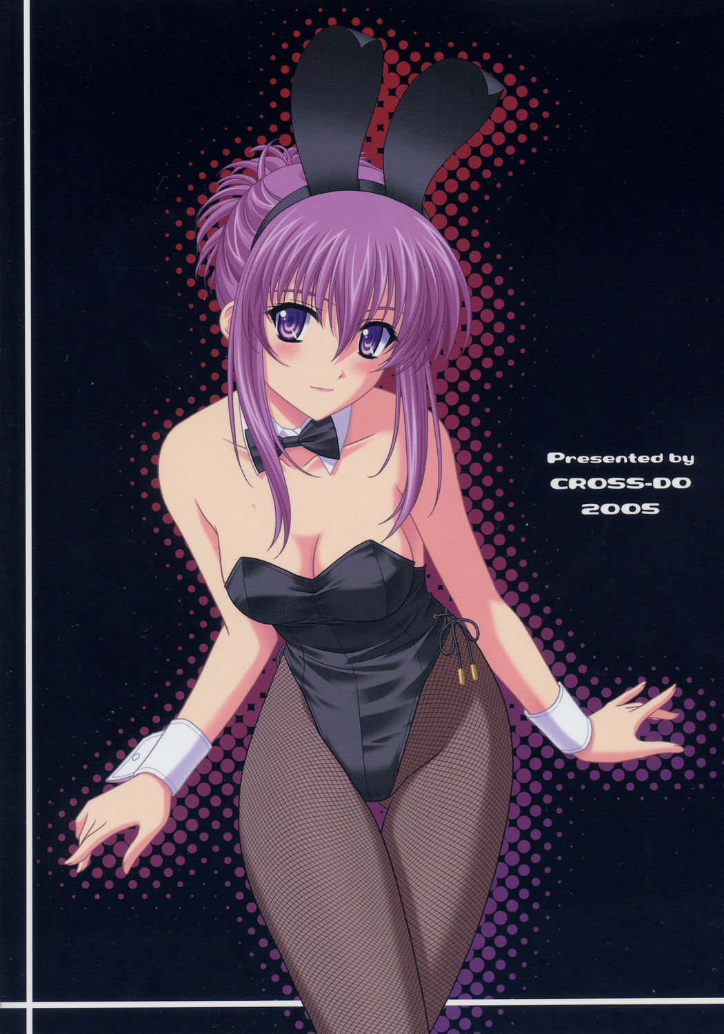 1girl 2005 animal_ears bare_shoulders blue_eyes blush bow bowtie breasts bunny_ears bunny_girl bunnygirl bunnysuit chikage_(sister_princess) cleavage cover female fishnet_pantyhose fishnets hair_up hentai highres leaning_forward long_hair masakichi_(crossroad) pantyhose pink_hair purple_eyes purple_hair short_hair sister_princess smile solo wrist_cuffs